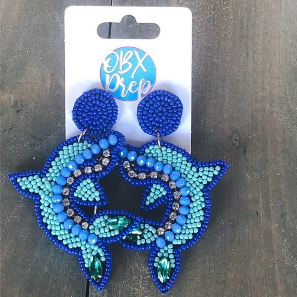Blue Beaded Dolphin Earrings